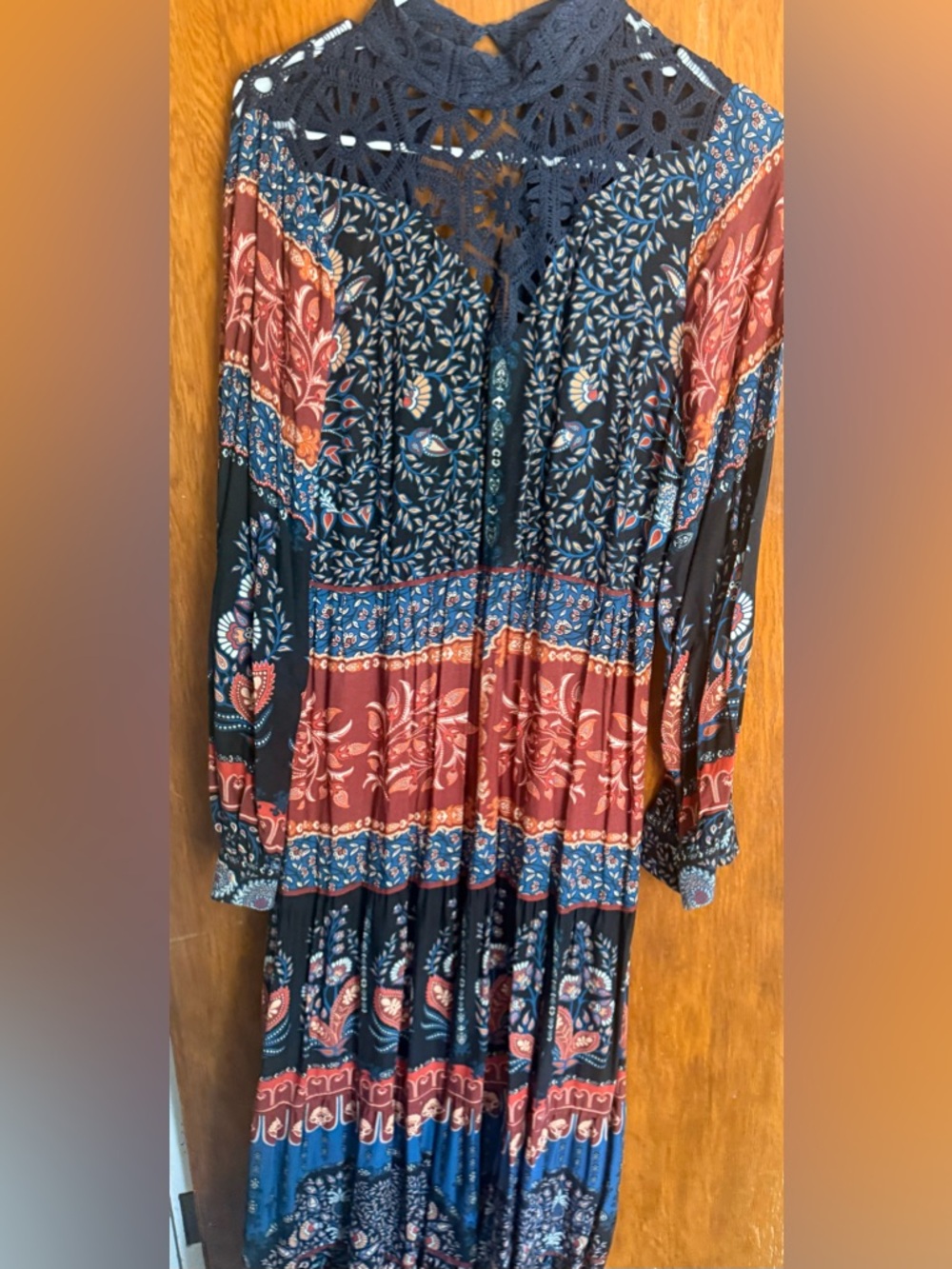 FARM Rio Navy, Rust & Blue Long Sleeve Maxi Dress